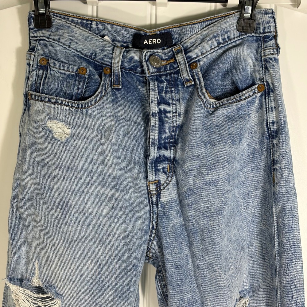 Aero 90s High Rise Baggy Jeans Light Wash Distressed 4 Reg 100% Cotton - Picture 3 of 10